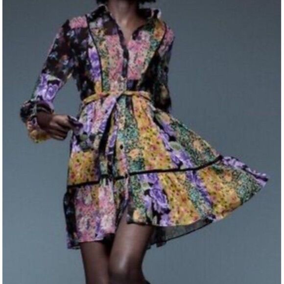 Zara Patchwork Boho Tiered Dress S Sheer Floral Whimsigoth Read.   Mm - Picture 1 of 9